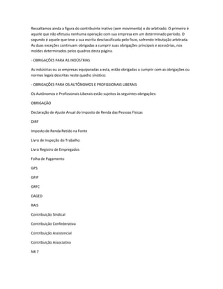 Ressaltamos ainda a figura do contribuinte inativo (sem movimento) e do arbitrado. O primeiro é
aquele que não efetuou nenhuma operação com sua empresa em um determinado período. O
segundo é aquele que teve a sua escrita desclassificada pelo fisco, sofrendo tributação arbitrada.
As duas exceções continuam obrigadas a cumprir suas obrigações principais e acessórias, nos
moldes determinados pelos quadros desta página.
- OBRIGAÇÕES PARA AS INDÚSTRIAS
As indústrias ou as empresas equiparadas a esta, estão obrigadas a cumprir com as obrigações ou
normas legais descritas neste quadro sinótico:
- OBRIGAÇÕES PARA OS AUTÔNOMOS E PROFISSIONAIS LIBERAIS
Os Autônomos e Profissionais Liberais estão sujeitos às seguintes obrigações:
OBRIGAÇÃO
Declaração de Ajuste Anual do Imposto de Renda das Pessoas Físicas
DIRF
Imposto de Renda Retido na Fonte
Livro de Inspeção do Trabalho
Livro Registro de Empregados
Folha de Pagamento
GPS
GFIP
GRFC
CAGED
RAIS
Contribuição Sindical
Contribuição Confederativa
Contribuição Assistencial
Contribuição Associativa
NR 7
 