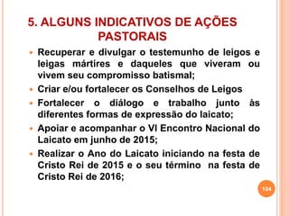 5. ALGUNS INDICATIVOS DE AÇÕES 
PASTORAIS 
 Recuperar e divulgar o testemunho de leigos e 
leigas mártires e daqueles que viveram ou 
vivem seu compromisso batismal; 
 Criar e/ou fortalecer os Conselhos de Leigos 
 Fortalecer o diálogo e trabalho junto às 
diferentes formas de expressão do laicato; 
 Apoiar e acompanhar o VI Encontro Nacional do 
Laicato em junho de 2015; 
 Realizar o Ano do Laicato iniciando na festa de 
Cristo Rei de 2015 e o seu término na festa de 
Cristo Rei de 2016; 
104 
 