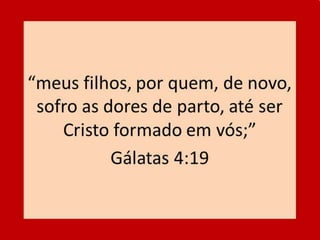 7 - INTERCESSÃO
7.3 – Jesus o Intercessor provido por Deus
(Hb.7:25; Rm 8:34). Ele intercede no céu.
7.4 – O Espírito Santo como Intercessor
(Rm. 8:26). Ele intercede na terra, de dentro
de santuários humanos, redimidos pelo
sangue do Cordeiro.
7.5 – Deus precisa hoje de servos na
“brecha” (Ez. 22: 30, 31).
7.6 – Intercessão e as "dores de parto" (Jr.
30:6, Is. 66:8; Gl. 4:19).
