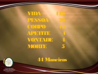 VIDA 118
PESSOA 29
CORPO 15
APETITE 4
VONTADE 4
MORTE 5
44 Maneiras
 