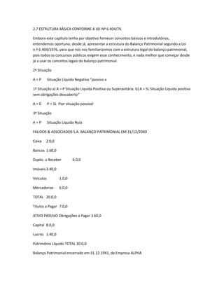 2.7 ESTRUTURA BÁSICA CONFORME A LEI Nº 6.404/76
Embora este capítulo tenha por objetivo fornecer conceitos básicos e introdutórios,
entendemos oportuno, desde já, apresentar a estrutura do Balanço Patrimonial segundo a Lei
n.º 6.404/1976, para que nós nos familiarizemos com a estrutura legal do balanço patrimonial,
pois todos os concursos públicos exigem esse conhecimento, e nada melhor que começar desde
já a usar os conceitos legais do balanço patrimonial.
2ª Situação
A < P Situação Líquida Negativa “passivo a
1ª Situação a) A > P Situação Líquida Positiva ou Superavitária. b) A = SL Situação Líquida positiva
sem obrigações descoberto”
A = 0 P = SL Pior situação possível
3ª Situação
A = P Situação Líquida Nula
FALIDOS & ASSOCIADOS S.A. BALANÇO PATRIMONIAL EM 31/12/20X0
Caixa 2.0,0
Bancos 1.60,0
Duplic. a Receber 6.0,0
Imóveis3.40,0
Veículos 1.0,0
Mercadorias 6.0,0
TOTAL 20.0,0
Títulos a Pagar 7.0,0
ATIVO PASSIVO Obrigações a Pagar 3.60,0
Capital 8.0,0
Lucros 1.40,0
Patrimônio Líquido TOTAL 20.0,0
Balanço Patrimonial encerrado em 31.12.19X1, da Empresa ALPHA
 