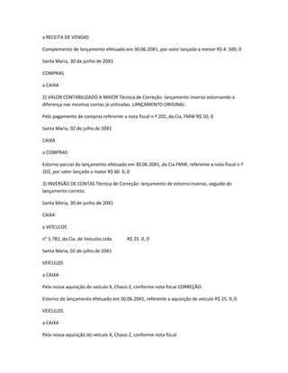 a RECEITA DE VENDAS
Complemento de lançamento efetuado em 30.06.20X1, por valor lançado a menor R$ 4. 500, 0
Santa Maria, 30 de junho de 20X1
COMPRAS
a CAIXA
2) VALOR CONTABILIZADO A MAIOR Técnica de Correção: lançamento inverso estornando a
diferença nas mesmas contas já utilizadas. LANÇAMENTO ORIGINAL:
Pelo pagamento de compras referente a nota fiscal n.º 202, da Cia, FMW R$ 50, 0
Santa Maria, 02 de julho de 20X1
CAIXA
a COMPRAS
Estorno parcial do lançamento efetuado em 30.06.20X1, da Cia FMW, referente a nota fiscal n.º
202, por valor lançado a maior R$ 60. 0, 0
3) INVERSÃO DE CONTAS Técnica de Correção: lançamento de estorno inverso, seguido do
lançamento correto.
Santa Maria, 30 de junho de 20X1
CAIXA
a VEÍCULOS
n° 5.782, da Cia. de Veículos Ltda R$ 25. 0, 0
Santa Maria, 02 de julho de 20X1
VEÍCULOS
a CAIXA
Pela nossa aquisição do veículo X, Chassi Z, conforme nota fiscal CORREÇÃO:
Estorno do lançamento efetuado em 30.06.20X1, referente a aquisição de veículo R$ 25. 0, 0
VEÍCULOS
a CAIXA
Pela nossa aquisição do veículo X, Chassi Z, conforme nota fiscal
 