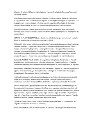 a) Passivo Circulante; b) Passivo Exigível a Longo Prazo; c) Resultado de Exercícios Futuros; d)
Patrimônio Líquido.
O detalhamento dos grupos é o seguinte:a) Passivo Circulante – são as dívidas de curto prazo,
ou seja, vencíveis até o final do exercício seguinte (1 ano). b) Passivo Exigível a Longo Prazo – são
obrigações com vencimento após o final do exercício seguinte. c) Resultados de Exercícios
Futuros – são as receitas de exercícios futuros deduzidas dos custos correspondentes.
d) Patrimônio Líquido – é a parte do patrimônio formada basicamente pelos investimento
realizados pelos sócios na empresa e pelos resultados obtidos pela empresa no desempenho de
suas atividades.
EXEMPLO DE PLANO DE CONTAS Segue abaixo uma lista de contas que compõem um exemplo
fictício de um plano de contas de uma empresa: I – ATIVO
CIRCULANTE Caixa Bancos c/Movimento Aplicações Financeiras de Liquidez Imediata Duplicatas
a Receber (Clientes) (-) Duplicatas Descontadas (-) Provisão p/Devedores Duvidosos Contas a
Receber Adiantamento/Empréstimo a Empregado Impostos a Recuperar Adiantamento a
Forecedores Estoques de Matéria-Prima Estoques de Produtos em Elaboração Estoques de
Produtos Acabados Mercadorias para Revenda (-) Provisão para perda em Estoques Imóveis
para Venda Seguros a Vencer Juros a Vencer Despesas Antecipadas do Exercício Seguinte
REALIZÁVEL A LONGO PRAZO Créditos de Longo Prazo (-) Duplicatas Descontadas (-) Provisão
para Devedores Duvidosos Impostos a Recuperar Incentivos Fiscais Empréstimos a Coligadas
Empréstimos a Acionistas ou Diretores Despesas Antecipadas de exercício posterior ao seguinte
Investimentos Ações de outras empresas Participações em Coligadas ou Controladas (-) Provisão
p/perda em Investimento Ágio de Investimentos (-) Deságio de Investimentos Imóveis para
Renda (Aluguel) Obras de Arte Outras Participações
Imobilizado Móveis e Uensílios Máquinas e Equipamentos Imóveis de Uso Veículos de Uso (-)
Depreciação Acumulada Terrenos Marcas e Patentes Fundo de Comércio Fórmulas (-)
Amortização Acumulada Florestas e Minas destinadas à exploração (-) Exaustão Acumulada
Diferido Despesas Pré-Operacionais Despesas Pré-Industriais Despesas com Remodelação ou
Reestruturação Despesas com Pesquisas Científicas Juros pagos aos acionistas no período pré-
operacional (-) Amortização AcumuladaCIRCULANTE Duplicatas a Pagar (Fornecedores) Contas a
Pagar Impostos a Pagar (a Recolher) Juros a Pagar Salários a Pagar Dividendos a Pagar Férias a
Pagar 13º a Pagar Empréstimos Bancários Receitas Antecipadas do Exercício Seguinte Provisão
para Férias Provisão para 13º Provisão para Imposto de Renda
EXIGÍVEL A LONGO PRAZO Títulos a Pagar (LP) Financiamentos a Pagar (LP) Empréstimos de
Coligadas Empréstimos de Sócios ou Acionistas
RESULTADO DE EXERCÍCIOS FUTUROS Receitas de Exercícios Futuros (-) Custos de Exercícios
 