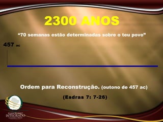 “70 semanas estão determinadas sobre o teu povo”
457 ac
(Esdras 7: 7-26)
Ordem para Reconstrução. (outono de 457 ac)
2300 ANOS
 