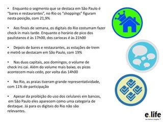 • Enquanto o segmento que se destaca em São Paulo é
“bares e restaurantes”, no Rio os “shoppings” figuram
nesta posição, com 21,9%
• Aos finais de semana, os digitais do Rio costumam fazer
check in mais tarde. Enquanto o horário de pico dos
paulistanos é às 17h00, dos cariocas é às 21h00
• Depois de bares e restaurantes, as estações de trem
e metrô se destacam em São Paulo, com 19%

• Nas duas capitais, aos domingos, o volume de
check ins cai. Além do volume mais baixo, os picos
acontecem mais cedo, por volta das 14h00
• No Rio, as praias tiveram grande representatividade,
com 11% de participação
• Apesar da proibição do uso dos celulares em bancos,
em São Paulo eles aparecem como uma categoria de
destaque. Já para os digitais do Rio não são
relevantes.

 