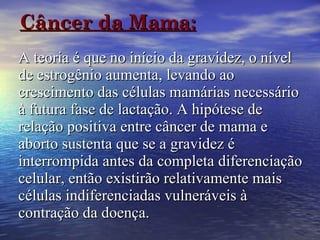 Câncer da Mama:   A teoria é que no início da gravidez, o nível de estrogênio aumenta, levando ao crescimento das células mamárias necessário à futura fase de lactação. A hipótese de relação positiva entre câncer de mama e aborto sustenta que se a gravidez é interrompida antes da completa diferenciação celular, então existirão relativamente mais células indiferenciadas vulneráveis à contração da doença. 