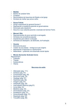 • Matilde
• Mulher de carácter forte
• Corajosa
• Denunciadora da hipocrisia do Estado e da Igreja
• Símbolo da mulher que ama e sofre.
• Sousa Falcão
• Amigo inseparável do general Gomes F.
• Representa a impotência perante os governadores
• Dominado pelo desânimo
• Assume a sua cobardia perante o exemplo de Gomes Freire.
• Manuel, Rita
• Representantes do povo oprimido e esmagado
• Símbolos da consciência popular
• Impotentes para alterar a situação
• Símbolos do desespero, da desilusão, da frustração
• Vicente
• Elemento do povo
• Traidor da sua classe – renega as suas origens
• Representa a hipocrisia e o oportunismo
• Materialista – pretende uma ascensão social rápida
• Morais Sarmento/ Andrade Corvo
Representam:
• Cobardia
• Traição
• Subserviência
• Vilania
Recursos de estilo
• Aliteração (pág. 111)
• Antítese (pág. 91)
• Comparação (pág. 28)
• Diminutivo (pág. 78)
• Hipálage (pág. 57)
• Hipérbole (pág. 56)
• Imagem (pág. 67)
• Interjeição (pág. 29)
• Interrogação Retórica (pág.57)
• Ironia (pág. 23)
• Metáfora (pág. 53)
• Onomatopeia (pág. 21)
• Paralelismo (pág. 21)
• Personificação (pág. 77)
• Repetição (pág. 23)
• Trocadilho (pág. 88)
5
 