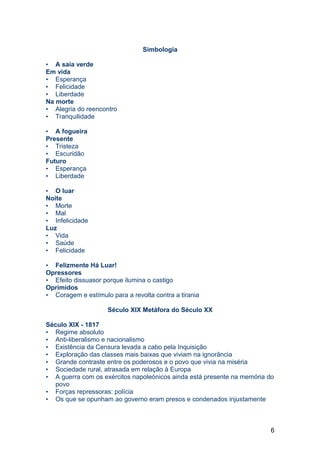 Simbologia
• A saia verde
Em vida
• Esperança
• Felicidade
• Liberdade
Na morte
• Alegria do reencontro
• Tranquilidade
• A fogueira
Presente
• Tristeza
• Escuridão
Futuro
• Esperança
• Liberdade
• O luar
Noite
• Morte
• Mal
• Infelicidade
Luz
• Vida
• Saúde
• Felicidade
• Felizmente Há Luar!
Opressores
• Efeito dissuasor porque ilumina o castigo
Oprimidos
• Coragem e estímulo para a revolta contra a tirania
Século XIX Metáfora do Século XX
Século XIX - 1817
• Regime absoluto
• Anti-liberalismo e nacionalismo
• Existência da Censura levada a cabo pela Inquisição
• Exploração das classes mais baixas que viviam na ignorância
• Grande contraste entre os poderosos e o povo que vivia na miséria
• Sociedade rural, atrasada em relação à Europa
• A guerra com os exércitos napoleónicos ainda está presente na memória do
povo
• Forças repressoras: polícia
• Os que se opunham ao governo eram presos e condenados injustamente
6
 