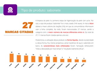 18
15 14 13 12 12 11
7 7 6 5
27
MARCAS CITADAS
A limpeza da pele é a primeira etapa de higienização da pele com acne. Por
isso, o tipo de produto “sabonete” foi o mais citado (144 vezes). A marca Avon
obteve o maior volume de citações (18), em que as consumidoras informaram
usar a linha completa. Ao todo, foram mencionadas 27 marcas, sendo a
categoria com o maior número de marcas diferentes entre si. Do total de
27, 11 marcas foram citadas apenas uma vez.
Predominou a utilização desse produto na forma líquida, devido à praticidade
e, dessa forma, fica menos propensa a atrair bactérias do que o sabonete em
barra. As características mais enfatizadas foram: “sensação refrescante”,
“inibe a oleosidade por mais tempo” e "resultado realmente eficaz".
 