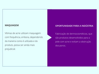 MAQUIAGEM
Vítimas de acne utilizam maquiagem
com frequência, embora, dependendo
da maneira como é utilizada e do
produto, possa ser ainda mais
prejudicial.
OPORTUNIDADE PARA A INDÚSTRIA
Fabricação de dermocosméticos, que
são produtos desenvolvidos para a
pele com acne e evitam a obstrução
dos poros.
 
