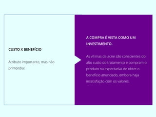 CUSTO X BENEFÍCIO
Atributo importante, mas não
primordial.
A COMPRA É VISTA COMO UM
INVESTIMENTO.
As vítimas da acne são conscientes do
alto custo do tratamento e compram o
produto na expectativa de obter o
benefício anunciado, embora haja
insatisfação com os valores.
 