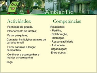 Actividades:                          Competências
•Formação    de grupos.             Relacionais:
•Planeamento   de tarefas;          - Partilha,
                                    - Colaboração,
•Fazer   pesquisas;
                                    - Interacção
Contactar instituições através de
                                    - Responsabilidade
carta ou email;
                                    - Autonomia;
•Fazer
     cartazes e lançar
                                    -Organização;
campanhas;
                                    -Entre outras.
•Continuara acompanhar e
manter as campanhas
Jogo
 