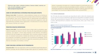 PROJETO A EDUCAÇÃO NÃO PODE ESPERAR . 13
“Ofertamos jogos lúdicos, ambientes temáticos, literatura infantil, materiais con-
cretos, kits para modelagem e pintura.”
Rede municipal de Ariquemes (RO)
COMO FOI IMPLEMENTADA A ESTRATÉGIA PARA EDUCAÇÃO INFANTIL
Mateus Leme (MG): “Inicialmente, a rede estabeleceu contato com as famílias pe-
las redes sociais, por meio das quais foram enviados vídeos de histórias e sugestões
de brincadeiras, entre outros. Posteriormente, foi desenvolvida uma plataforma,
dentro do site institucional da Prefeitura (www.mateusleme.mg.gov.br), onde são
disponibilizadas atividades lúdicas objetivando o fortalecimento do vínculo afetivo
das crianças e famílias com a escola.”
PRINCIPAIS DESAFIOS ENFRENTADOS
Mateus Leme (MG): “O principal desafio nosso é atingir todos os estudantes, espe-
cialmente aqueles sem acesso à internet. Para eles são disponibilizadas atividades
impressas, que seguem a mesma lógica daquelas on-line (músicas, brincadeiras,
histórias), que são entregues aos responsáveis. Até o momento, podemos contabi-
lizar um resultado muito positivo. A adesão das famílias tem sido ótima. Os pais es-
tão recebendo as atividades e interagindo com os professores e pedagogos. Temos
plantão diário nas escolas, de 8 horas, em regime de revezamento, para atender às
diversas solicitações, tirar dúvidas e orientar.”
COMO FUNCIONA A ENTREGA DE KITS PEDAGÓGICOS
Ariquemes (RO): “Os kits são organizados conforme as atividades programadas pelos pro-
fessores. A princípio, eles são compostos de jogos lúdicos, lápis de cor, massinhas, tintas e
pincéis. A composição é formada com os materiais entregues às escolas pelos pais no iní-
cio do ano. Por ocasião da remessa das atividades remotas, o professor ou a direção faz a
distribuição equitativa dos materiais disponíveis. Se faltarem materiais, pode ocorrer de a
escola adquirir com recursos do Programa Dinheiro Direto na Escola (PDDE).”
1.1.2. Ensino Fundamental
Das 190 redes de ensino municipais que responderam sobre a oferta de conteúdos para
os anos iniciais do Ensino Fundamental, 44% disseram disponibilizar atividades semanal-
mente; 29%, quinzenalmente, enquanto 27%, diariamente. Para os anos finais, a situação
é similar: 44% disponibilizam conteúdos novos toda semana; 25% a cada 15 dias; e 31%,
todos os dias.
GRÁFICO 4 . RESPOSTAS DAS REDES MUNICIPAIS À QUESTÃO:
“Com qual periodicidade são disponibilizados conteúdos para os anos iniciais
do Ensino Fundamental?”
Base total de respondentes: 190 redes municipais, sendo Centro-Oeste: 33, Nordeste: 71, Norte: 48; Sudeste-Sul: 38
Diariamente
0%
C
e
n
t
r
o
-
O
e
s
t
e
Semanalmente
10%
20%
30%
40%
50%
60%
N
o
r
d
e
s
t
e
N
o
r
t
e
S
u
d
e
s
t
e
-
S
u
l
T
o
t
a
l
33%
35%
13%
24%
33%
42%
48%
50%
44%
27%
33%
23%
40%
26%
29% Quizenalmente
 