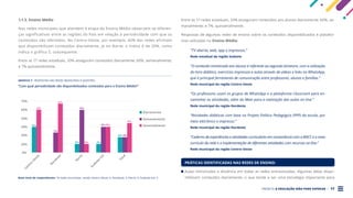 PROJETO A EDUCAÇÃO NÃO PODE ESPERAR . 17
1.1.3. Ensino Médio
Nas redes municipais que atendem à etapa do Ensino Médio observam-se diferen-
ças significativas entre as regiões do País em relação à periodicidade com que os
conteúdos são ofertados. No Centro-Oeste, por exemplo, 40% das redes afirmam
que disponibilizam conteúdos diariamente, já no Norte, o índice é de 20%, como
indica o gráfico 5, subsequente.
Entre as 17 redes estaduais, 33% asseguram conteúdos diariamente; 60%, semanalmente;
e 7% quinzenalmente.
Entre as 17 redes estaduais, 33% asseguram conteúdos aos alunos diariamente; 60%, se-
manalmente; e 7%, quinzenalmente.
Respostas de algumas redes de ensino sobre os conteúdos disponibilizados e platafor-
mas utilizadas no Ensino Médio:
“TV aberta, web, app e impressos.”
Rede estadual da região Sudeste
“O conteúdo ministrado aos alunos é referente ao segundo bimestre, com a utilização
do livro didático, exercícios impressos e aulas através de vídeos e links no WhatsApp,
que é principal ferramenta de comunicação entre professores, alunos e famílias.”
Rede municipal da região Centro-Oeste
“Os professores usam os grupos de WhatsApp e a plataforma Classroom para en-
caminhar as atividades, além do Meet para a realização das aulas on-line.”
Rede municipal da região Nordeste
“Atividades didáticas com base no Projeto Político Pedagógico (PPP) da escola, por
meio eletrônico e impresso.”
Rede municipal da região Nordeste
“Caderno de experiências e atividades curriculares em consonância com a BNCC e o novo
currículo da rede e a implementação de diferentes atividades com recursos on-line.”
Rede municipal da região Centro-Oeste
PRÁTICAS IDENTIFICADAS NAS REDES DE ENSINO:
Aulas ministradas a distância em todas as redes entrevistadas. Algumas delas dispo-
nibilizam conteúdos diariamente, o que tende a ser uma estratégia importante para
GRÁFICO 7 . RESPOSTAS DAS REDES MUNICIPAIS À QUESTÃO:
“Com qual periodicidade são disponibilizados conteúdos para o Ensino Médio?”
Base total de respondentes: 18 redes municipais, sendo Centro-Oeste: 5, Nordeste: 3, Norte: 5; Sudeste-Sul: 5
Diariamente
0%
C
e
n
t
r
o
-
O
e
s
t
e
Semanalmente
20%
30%
40%
50%
60%
70%
N
o
r
d
e
s
t
e
N
o
r
t
e
S
u
d
e
s
t
e
-
S
u
l
T
o
t
a
l
60%
40%
67%
33%
20%
20%
60%
40%
20%
40%
44%
28% 28%
Quizenalmente
 