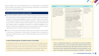 PROJETO A EDUCAÇÃO NÃO PODE ESPERAR . 28
pode se configurar em uma oportunidade para a troca de experiências e disseminação
de boas práticas entre gestores e demais profissionais da Educação, a qual poderá se
manter para o período pós-pandemia.
PRÁTICAS IDENTIFICADAS NAS REDES DE ENSINO:
Com poucas exceções, observou-se que as redes municipais de maior porte, de capi-
tais, por exemplo, e as redes estaduais têm ofertado formações mais estruturadas aos
professores, coordenadores pedagógicos e gestores escolares. Nestes casos, a pesqui-
sa indica que as formações visam a dois objetivos principais: 1. capacitar a equipe para
que possa fazer o melhor uso das ferramentas digitais; 2. formar os profissionais para
que consigam realizar as adaptações necessárias nos conteúdos pedagógicos, consi-
derando a mudança da modalidade de ensino, de presencial para remoto, e todas as
implicações que isso traz (menor acompanhamento do professor etc).
Enquanto há redes que não ofereceram nenhum tipo de formação ao corpo docente
ou que atuam, principalmente, “tirando dúvidas”, há algumas que se anteciparam à
demanda, se organizando para prover formações tão logo as aulas presenciais foram
interrompidas.
O CASO DA REDE ESTADUAL DO ESPÍRITO SANTO E DA PARAÍBA:
A rede estadual do Espírito Santo declara fornecer três tipos de formações, que são
complementares entre si: lives semanais entre os profissionais; disponibilização de
tutoriais e comunidades virtuais para a discussão permanente; e cursos periódicos.
A rede estadual da Paraíba adotou estratégia diversa, e que também merece análi-
se: selecionou e treinou professores para atuarem como tutores dos colegas.
Objetivo Conteúdo Frequência
Orientar as equipes das
escolas quanto ao uso
das ferramentas digitais
em práticas pedagógicas
não presenciais. Orientar
os estudantes quanto ao
acesso às ferramentas
digitais.
Realização de lives semanais para
os profissionais da Educação, todas
disponíveis no link: https://sedudigital.
edu.es.gov.br/p%C3%A1gina-inicial.
Criação de tutoriais para gestores,
professores e estudantes para o uso
das ferramentas digitais: https://
sedudigital.edu.es.gov.br/manuais/
tutoriais e https://sedudigital.edu.
es.gov.br/google-for-education/
tutoriais-google. Criação de 9
comunidades virtuais para que as
11 Superintendências Regionais de
Ensino (SREs), junto à equipe da Sedu
Central, possam orientar, monitorar
e assessorar o trabalho dos gestores,
pedagogos e professores.
Cursos EAD: TIC a serviço da
Educação: conhecimentos avançados
(finalizado); Escola na Nuvem (em
andamento); Grandezas e medidas:
explorar para compreender (em
andamento); Inova Escola: projeto de
vida (em andamento) e Produção de
Videoaulas (lançamento em junho).
Lives: semanais;
Comunidades e
tutoriais: contínuo;
Cursos EAD:
periódicos
Rede estadual do Espírito Santo
“Houve um planejamento integrado na rede estadual de ensino para estabeleci-
mento das ações durante a crise, para implantação do Regime Especial de Ensino.
Para sua execução, inicialmente, foram selecionados 100 tutores, treinados no mês
de abril para serem responsáveis pela formação dos demais professores na utili-
zação de tecnologias educacionais para planejamento pedagógico e organização
 
