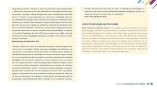 PROJETO A EDUCAÇÃO NÃO PODE ESPERAR . 30
“Os professores devem: 1. Planejar as aulas não presenciais a serem desenvolvidas;
2. Apresentar à supervisão escolar com antecedência as atividades elaboradas para
apreciação; 3. Divulgar o referido planejamento entre os membros da comunidade
escolar; 4. Preparar material específico para cada etapa e modalidade de ensino,
com facilidades de execução, sendo autoinstrucional, por meio de videoaula, mate-
rial impresso, conteúdos disponibilizados em grupo de WhatsApp da turma, correio
eletrônico e outros meios digitais que viabilizem a realização das atividades escola-
res por parte dos estudantes; 5. Monitorar a execução das atividades pelo estudan-
te nos meios pelos quais as aulas e atividades forem disponibilizadas; 6. Registrar
as Atividades Pedagógicas Remotas (APRs) desenvolvidas em portfólio, constando
relatórios descritivos e fotográficos das ações, com gráficos do resultado do rendi-
mento do estudante.”
Rede municipal de Guajará Mirim (RO)
“Planejar e elaborar ao menos uma atividade semanal por ano/série/segmento de
acordo com as orientações recebidas pela equipe pedagógica da escola e por este
documento, em consonância com os documentos curriculares oficiais; registrar as
atividades propostas para os estudantes por meio de instrumento próprio (Google
Forms), encaminhado pela Superintendência; estruturar a aplicação das atividades
pedagógicas não presenciais, utilizando os recursos disponíveis, em consonância
com as condições de acesso a meios tecnológicos pelo estudante e contexto no qual
a escola está inserida; acompanhar sistematicamente a evolução das atividades
propostas aos estudantes, sempre comunicando à equipe pedagógica a sua parti-
cipação; buscar possíveis meios de comunicação, em conjunto com a equipe peda-
gógica, que visem favorecer o esclarecimento de dúvidas dos estudantes, bem como
de pais ou responsáveis. Os professores deverão assistir às videoaulas conforme
programação disponibilizada pela SEDU e interagir com os estudantes via aplica-
tivo/salas de aula virtuais no intuito de realizar a mediação da aprendizagem, es-
clarecimento de dúvidas e para disponibilizar atividades pedagógicas a partir dos
objetos de conhecimento explorados nas videoaulas.”
Rede estadual do Espírito Santo
SUPORTE E ORIENTAÇÃO AOS PROFESSORES
Rede estadual do Espírito Santo: “A orientação é que os professores, com o apoio
dos pedagogos, elaborem e acompanhem as atividades complementares às video-
aulas disponibilizadas em TV aberta e no YouTube. Cabe ao diretor fazer contato
com os alunos/famílias que os professores estão tendo dificuldades. Eles acom-
panham o trabalho dos docentes e enviam relatórios à Superintendência. Além da
formação a distância voltada para o uso de tecnologias para a Educação, há um
apoio para o professor que tiver dificuldades com o desempenho das atividades
nessa nova configuração, conforme indicação do diretor por meio do relatório. O
papel do professor é o de manter contato frequente com os alunos e apoiá-los nas
atividades, contando para isso com o suporte dos gestores.”
 