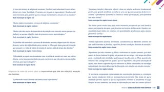PROJETO A EDUCAÇÃO NÃO PODE ESPERAR . 34
“A troca de número de telefone é constante. Famílias mais vulneráveis trocam de en-
dereço com maior facilidade. O contato com os pais e responsáveis é fundamental
neste momento para garantir que as crianças mantenham o vínculo com os estudos.”
Rede municipal da região Sul
“Muitos dados incompletos e trocas de telefones constantes.”
Rede municipal da região Sudeste
“Muitos não têm noção da importância da relação com a escola; outros porque tra-
balham; ou porque não têm ideia do processo ensino aprendizagem.”
Rede municipal da região Nordeste
“As famílias não entendem o processo de atividades remotas, alegam que não são pro-
fessores, outros têm dificuldades para orientar os filhos pelo baixo grau de formação
que possuem (...) Falta de hábito de estudo do aluno e falta de tempo das famílias.”
Rede municipal da região Centro-Oeste
“Dificuldade no apoio aos estudantes com a rotina de estudo em casa, por vários
fatores, como baixa escolaridade dos pais e ambiente que não oferece as condições
mínimas para aprendizagem.”
Rede estadual da região Norte
Respostas de redes de ensino sobre as expectativas que têm em relação à atuação
das famílias:
“Conhecendo nossa clientela não temos boas expectativas”
Rede municipal da região Norte
“Ótima em relação à Educação Infantil e boa em relação ao Ensino Fundamental,
porém, com grande tendência a melhorar uma vez que os buscamos de forma in-
sistente e percebemos aumento no retorno e maior participação, principalmente
nos anos iniciais.”
Rede municipal da região Centro-Oeste
“Na maior parte muito boa, pois neste momento percebe-se que está tendo a
maior participação dos pais, que já existia na história da Educação. Devido à ne-
cessidade atual, todos nós estamos em aprendizados (professores, pais, alunos,
gestores e outros).”
Rede municipal da região Norte
“Temos expectativa positiva, entretanto, consideramos os diferentes cenários em
que estão inseridas as famílias, o que lhes fornece condições distintas de atuação.”
Rede estadual da região Centro-Oeste
“Esperamos que eles orientem os filhos a realizarem os estudos remotos, que dedi-
quem, de forma habitual e rígida, um período do seu tempo e do tempo dos filhos
para a realização das atividades; que busquem auxílio para os filhos, quando eles
mesmos não conseguirem os ajudar; que se reportem a nós para solicitação de
ajuda, para darem sugestões e para indicarem as falhas observadas na estratégia
adotada pela Secretaria Municipal de Educação com relação aos estudos remotos.”
Rede municipal da região Sudeste
“A Secretaria compreende a diversidade das constituições familiares e a limitação
que muitos estudantes terão no acompanhamento familiar. Nos locais em que a
realidade permitir, espera-se que os responsáveis orientem os estudantes na orga-
nização de seus materiais, na busca da informação por meio dos canais oficiais e
 
