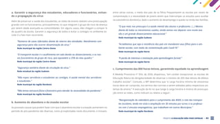 PROJETO A EDUCAÇÃO NÃO PODE ESPERAR . 43
a. Garantir a segurança dos estudantes, educadores e funcionários, evitan-
do a propagação do vírus
Além de preservar a saúde dos estudantes, as redes de ensino relatam uma preocupação
grande com os funcionários, principalmente, os que integram o grupo de risco da doença
por terem idade avançada ou comorbidades. Em alguns casos, eles chegam a compor ¼
do quadro da escola. Garantir a segurança de todos e evitar o contágio no ambiente es-
colar é a fala mais recorrente.
“Números de casos infectados diante do retorno das atividades. Atendimento com
segurança para não ocorrer disseminação do vírus.”
Rede municipal da região Centro-Oeste
“O transporte escolar e o acolhimento em sala devido ao distanciamento, e os nos-
sos funcionários do grupo de risco, que equivalem a 25% do meu quadro.”
Rede municipal da região Centro-Oeste
“Segurança sanitária diante da circulação do vírus.”
Rede estadual da região Sudeste
“Não expor servidores e estudantes ao contágio. A saúde mental dos servidores
e estudantes.”
Rede municipal da região Nordeste
“Não temos estrutura física e financeira para atender às necessidades da pandemia.”
Rede municipal da região Nordeste
b. Aumento do abandono e da evasão escolar
As possíveis causas que podem fazer com que o abandono escolar e a evasão aumentem no
período do pós-pandemia são diversas, como já explicitadas neste documento, e incluem,
entre várias outras, o medo dos pais de os filhos frequentarem as escolas por receio de
contaminação e a necessidade de jovens terem que interromper os estudos para auxiliar
na subsistência doméstica, dado o aumento do desemprego e queda na renda das famílias.
“O que mais nos preocupa é a saúde mental dos alunos e professores. (...) Mesmo
diante de todos os mecanismos usados, ainda vamos nos deparar com muita eva-
são e um grande distanciamento educacional.”
Rede municipal da região Sudeste
“Acreditamos que seja a resistência dos pais em mandarem seus filhos para o am-
biente escolar, com medo da contaminação pelo Covid-19.”
Rede municipal da região Norte
“A perda de interesse e motivação pela aprendizagem formal.”
Rede municipal da região Norte
c. Cumprimento das 800 horas letivas, garantindo equidade na aprendizagem
A Medida Provisória n° 934, de 2020, dispensou, “em caráter excepcional, as escolas de
Educação Básica da obrigatoriedade de observar o mínimo de 200 dias letivos de efetivo
trabalho escolar”. Contudo, a MP determina que “a carga horária mínima de oitocentas
horas deve ser cumprida, nos termos das normas a serem editadas pelos respectivos sis-
temas de ensino.” A execução da lei no que tange à carga horária é motivo de preocupa-
ção entre as redes, como indicam os relatos a seguir:
“Reorganização do calendário para o cumprimento das 800h; a rota dos transpor-
tes escolares, tendo em vista a ampliação em 30 minutos por turno; e os professo-
res com 2 vínculos empregatícios, que trabalham em outros Municípios.”
Rede municipal da região Nordeste
 