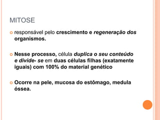MITOSE
 responsável pelo crescimento e regeneração dos
organismos.
 Nesse processo, célula duplica o seu conteúdo
e divide- se em duas células filhas (exatamente
iguais) com 100% do material genético
 Ocorre na pele, mucosa do estômago, medula
óssea.
 