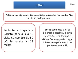 DATAS
Pelas cartas não da pra ter uma ideia, mas pelos relatos dos Atos
dos A. se poderia supor:
Em 55 teria feito a visita
dolorosa e escreveu a carta
severa. 56 teria feito a 3ª
visita a Corinto queria chegar
a Jerusalém para a festa de
pentecostes em 57.
Paulo teria chagado a
Corinto para a sua 1º
visita no começo de 50
dC. Permanece ali 18
meses.
Kruse
 