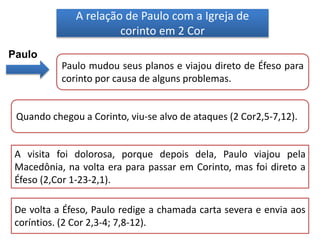 A relação de Paulo com a Igreja de
corinto em 2 Cor
Paulo
Paulo mudou seus planos e viajou direto de Éfeso para
corinto por causa de alguns problemas.
Quando chegou a Corinto, viu-se alvo de ataques (2 Cor2,5-7,12).
A visita foi dolorosa, porque depois dela, Paulo viajou pela
Macedônia, na volta era para passar em Corinto, mas foi direto a
Éfeso (2,Cor 1-23-2,1).
De volta a Éfeso, Paulo redige a chamada carta severa e envia aos
coríntios. (2 Cor 2,3-4; 7,8-12).
 