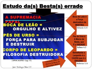 Estudo da(s) Besta(s) errado
Boca de Leão é
a Força
destruidora da
MENTIRA
Pés de Urso é
A Marca da
Besta, que
É a VAIDADE
Semelhante a
Leopardo é a
CAUDA que é o
ENGANO
Jair/Teólogo/Mar/17
Salmo 4.2
Gênesis 3.13
Hebreus 3.13
(APOCALIPSE Cap. 13)
 