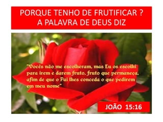 PORQUE TENHO DE FRUTIFICAR ?
A PALAVRA DE DEUS DIZ
JOÃO 15:16
 