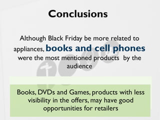 2013 dp6 - todos os direitos reservados 21
Conclusions
Although Black Friday be more related to
appliances, books and cell phones
were the most mentioned products by the
audience
Books, DVDs and Games, products with less
visibility in the offers, may have good
opportunities for retailers
 