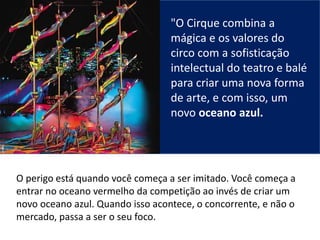 "O Cirque combina a
mágica e os valores do
circo com a sofisticação
intelectual do teatro e balé
para criar uma nova forma
de arte, e com isso, um
novo oceano azul.
O perigo está quando você começa a ser imitado. Você começa a
entrar no oceano vermelho da competição ao invés de criar um
novo oceano azul. Quando isso acontece, o concorrente, e não o
mercado, passa a ser o seu foco.
 