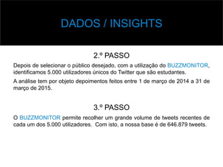 v Base	
  de	
  Dados	
  
2.º PASSO
Depois de selecionar o público desejado, com a utilização do BUZZMONITOR,
identificamos 5.000 utilizadores únicos do Twitter que são estudantes.
A análise tem por objeto depoimentos feitos entre 1 de março de 2014 a 31 de
março de 2015.
3.º PASSO
O BUZZMONITOR permite recolher um grande volume de tweets recentes de
cada um dos 5.000 utilizadores. Com isto, a nossa base é de 646.879 tweets.
DADOS / INSIGHTS
 