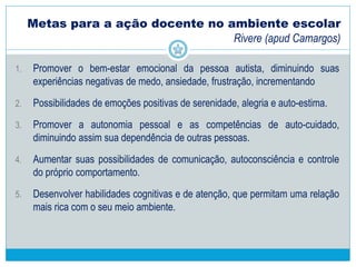 Como crianças com TEA vêem o mundo?
 Cegueira mental
 Dificuldade em entender o ponto de vista, ideias ou sentimentos alheios
 Entendendo a essência
 Dificuldade em associar detalhes a um contexto e fazer generalizações a partir
dessas informações
 Interesses e sensibilidades sensoriais
 Tendência a concentrar-se em experiências perceptivas concretas
 Imaginação, percepção temporal, planejamento e memória
 Linguagem
 