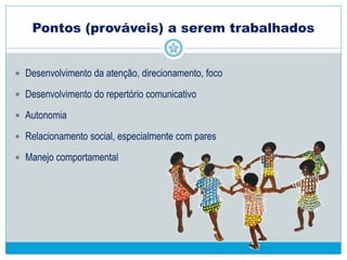 Questões relativas à família
 Exercite a alteridade
 Estimule a família a buscar apoio
 Motive a família a sair com a criança e frequentar ambientes sociais
apropriados para crianças
 Incentive os pais a compartilhar e comemorar os sucessos da
criança
 Crie um clima colaborativo com a família
 Conversas sobre questões particulares devem ser conduzidas em
ambiente “particular”
 