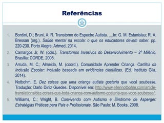 Aspectos importantes a considerar no
ambiente escolar
 Isolamento versus Relações Interpessoais
 Comportamento motor
 Linguagem e habilidades pré-verbais
 Alterações das funções intelectuais
 Comportamento afetivo
 Alterações psicossomáticos
 Alterações no processamento sensorial
 Dificuldades para sublimar frustrações e adiar satisfações
 