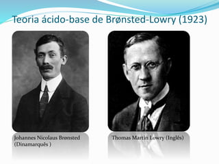 Teoria ácido-base de Brønsted-Lowry (1923)
Johannes Nicolaus Brønsted
(Dinamarquês )
Thomas Martin Lowry (Inglês)
 