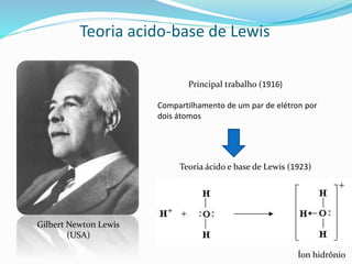 Teoria acido-base de Lewis
Gilbert Newton Lewis
(USA)
Principal trabalho (1916)
Compartilhamento de um par de elétron por
dois átomos
Teoria ácido e base de Lewis (1923)
Íon hidrônio
 