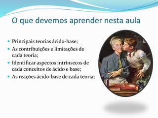 O que devemos aprender nesta aula
 Principais teorias ácido-base;
 As contribuições e limitações de
cada teoria;
 Identificar aspectos intrínsecos de
cada conceitos de ácido e base;
 As reações ácido-base de cada teoria;
 
