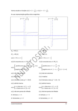 numerosnamente 11
Vamos estudar as funções ( ) e ( )
As suas representações gráficas são as seguintes:
 1  -1
 2  -2
( ) ( )
( ) ( )
( ) {

( ) {

( ) não tem extremos ( ) não tem extremos
( ) ( ) é injetiva
( ) interseta o eixo ( ) ( ) interseta o eixo ( )
( ) admite inversa ( ) admite inversa
( ) { ( ) {
( ) não tem pontos de inflexão ( ) não tem pontos de inflexão
A. Verticais: A. Verticais:
A. Horizontais: A. Horizontais:
 