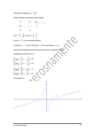 numerosnamente 15
Considere a função ( )
Vamos calcular as assintotas desta função.
0
( ) ( )
A reta é uma assintota oblíqua
A função tem A. Vertical: e A. Horizontal: ;
Os ramos da assintota horizontal vão acompanhar a assintota oblíqua
Estudando os limites, tem-se:
{
( )
( )
{
( )
( )
O seu gráfico é:
 