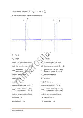 numerosnamente 7
Vamos estudar as funções ( ) e ( )
As suas representações gráficas são as seguintes:
 1  -1
 0  0
( ) ( ) ( ) ( ) não tem zeros
( ) ( )
( ) { ( ) {
( ) não tem extremos ( ) não tem extremos
( ) ( ) é injetiva
( ) admite inversa ( ) admite inversa
( ) ( ) ( ) ( )
( ) { ( ) {
( ) não tem pontos de inflexão ( ) não tem pontos de inflexão
A. Verticais: A. Verticais:
A. Horizontais: A. Horizontais:
 