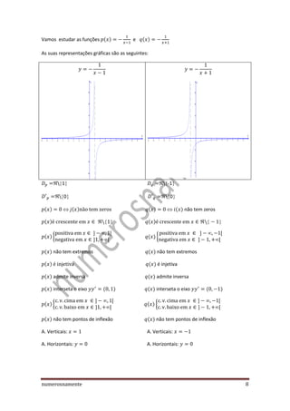 numerosnamente 8
Vamos estudar as funções ( ) e ( )
As suas representações gráficas são as seguintes:
 1  -1
 0  0
( ) ( ) ( ) ( ) não tem zeros
( ) ( )
( ) { ( ) {
( ) não tem extremos ( ) não tem extremos
( ) ( ) é injetiva
( ) admite inversa ( ) admite inversa
( ) interseta o eixo ( ) ( ) interseta o eixo ( )
( ) { ( ) {
( ) não tem pontos de inflexão ( ) não tem pontos de inflexão
A. Verticais: A. Verticais:
A. Horizontais: A. Horizontais:
 
