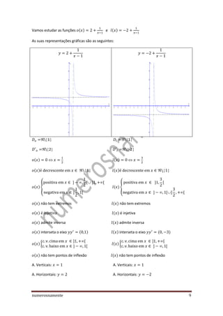 numerosnamente 9
Vamos estudar as funções ( ) e ( )
As suas representações gráficas são as seguintes:
 1  1
 2  -2
( ) ( )
( ) ( )
( ) {

( ) {

( ) não tem extremos ( ) não tem extremos
( ) ( ) é injetiva
( ) admite inversa ( ) admite inversa
( ) interseta o eixo ( ) ( ) interseta o eixo ( )
( ) { ( ) {
( ) não tem pontos de inflexão ( ) não tem pontos de inflexão
A. Verticais: A. Verticais:
A. Horizontais: A. Horizontais:
 