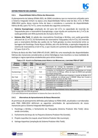 SISTEMA PRODUTOR SÃO LOURENÇO sabesp
12
2.6.1. Disponibilidade Hídrica Efetiva dos Mananciais
O planejamento da Sabesp (PDAA‐2025, de 2004) considerou que os mananciais utilizados para
o Sistema Integrado tinham na época uma disponibilidade hídrica total de 66,1 m3
/s. O PMA
2006‐2014 partiu dessa mesma linha de base e considerou o aumento da disponibilidade
hídrica de 66,1 para 73,7 m3
/s, como resultado dos seguintes acréscimos:
 Sistema Guarapiranga: ampliação de 2,0 para 4,0 m3
/s na capacidade de reversão do
Taquacetuba para o reservatório Guarapiranga, o que resulta em acréscimo de 1,7 m3
/s de
vazão garantida com 95% (aumento de 14,3 para 16,0 m3
/s).
 Sistema Alto Tietê: (i) adição dos reservatórios Paraitinga e Biritiba, com vazão garantida
adicional de 2,5 m3
/s; (ii) fechamento do reservatório Taiaçupeba (+0,4 m3
/s); (iii) reversão
para o reservatório Biritiba das vazões do rio Tietê geradas na área incremental entre as
barragens de Paraitinga, Ponte Nova e Biritiba, até a foz do Biritiba, e operação integrada do
sistema de reservatórios (+3,0 m3
/s), o que resulta em aumento da disponibilidade total de
9,7 para 15,6 m3
/s.
O Plano da Bacia do Alto Tietê (PBH‐AT) (FUSP, 2007) fez uma reavaliação das disponibilidades
hídricas dos mananciais considerando as séries hidrológicas mais recentes e a nova realidade de
outorgas e regras operativas estabelecidas para vários sistemas.
TABELA 2.5 - AJUSTE DA DISPONIBILIDADE HÍDRICA DOS MANANCIAIS, CONFORME PBH-AT 2007
Sistema
Produtor
PDAA
2004
PMA
2006
PBH-AT 2007 Comentários
Cantareira 31,3 31,3 29,9
Renovação da outorga do Cantareira e exigência de vazões
mínimas no rio Juqueri: de 0,5 m³/s para 1,0 m³/s
Guarapiranga 14,3
14,3+1,7
= 16,0
13,0
Limitações na transferência Taquacetuba-Guarapiranga em função
do nível mínimo da Billings, reflexo da regra da EMAE para geração
de energia assegurada.
Alto Tietê 9,7
9,7+5,9
= 15,6
14,6
Regularização de outorgas para irrigantes a jusante de Biritiba (0,51
m³/s), ampliação da outorga para a SEMAE (Mogi das Cruzes) e
outros usuários da bacia do Alto Tietê.
Rio Grande 4,8 4,8 4,0 Regularização de outorgas de usuários da bacia
Rio Claro 4,0 4,0 4,4 / 4,0 (*) Resultados da modelagem do PBH-AT
Alto Cotia 1,1 1,1 1,5 Resultados da modelagem do PBH-AT
Baixo Cotia 0,8 0,8 1,0 Resultados da modelagem do PBH-AT
Rib. Estiva 0,1 0,1 0,1 Sem alteração
TOTAL 66,1 73,7 68,5 / 68,1 (*) Redução na disponibilidade hídrica total para o Sistema Integrado.
Vazão assegurada com 95% de garantia
(*) A vazão efetivamente aproveitável no Sistema Rio Claro é de 4,0 m3
/s.
2.6.2. Alternativas de Aproveitamento de Novos Mananciais
As premissas de planejamento definidas pela Sabesp no PDAA‐2025, atualizadas e corroboradas
pelo PMA 2006‐2014 definiram as seguintes prioridades de aproveitamento de novos
mananciais para o Sistema Integrado Metropolitano:
1. Paraitinga e Biritiba, e fechamento do Taiaçupeba (Sistema Produtor Alto Tietê): obras
sendo concluídas;
2. Fechamento do braço do rio Pequeno (Sistema Produtor Rio Grande);
3. Projeto Juquitiba (rio Juquiá, atual Sistema Produtor São Lourenço);
4. Itatinga‐Itapanhaú (ampliação do Sistema Produtor Alto Tietê).
 