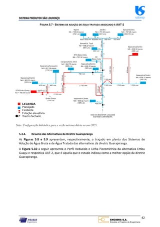 SISTEMA PRODUTOR SÃO LOURENÇO sabesp
42
FIGURA 5.7 - SISTEMA DE ADUÇÃO DE ÁGUA TRATADA ASSOCIADO À AAT-2
5.3.4. Resumo das Alternativas da Diretriz Guarapiranga
As Figuras 5.8 e 5.9 apresentam, respectivamente, o traçado em planta dos Sistemas de
Adução de Água Bruta e de Água Tratada das alternativas da diretriz Guarapiranga.
A Figura 5.10 a seguir apresenta o Perfil Reduzido e Linha Piezométrica da alternativa Embu
Guaçu e respectiva AAT‐2, que é aquela que o estudo indicou como a melhor opção da diretriz
Guarapiranga.
 