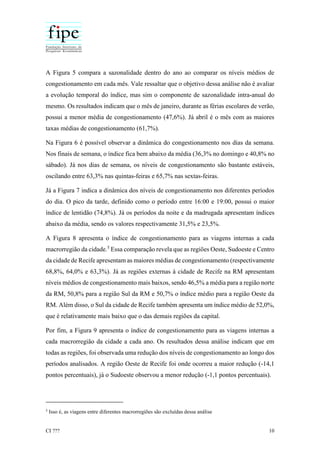 CI ??? 10
A Figura 5 compara a sazonalidade dentro do ano ao comparar os níveis médios de
congestionamento em cada mês. Vale ressaltar que o objetivo dessa análise não é avaliar
a evolução temporal do índice, mas sim o componente de sazonalidade intra-anual do
mesmo. Os resultados indicam que o mês de janeiro, durante as férias escolares de verão,
possui a menor média de congestionamento (47,6%). Já abril é o mês com as maiores
taxas médias de congestionamento (61,7%).
Na Figura 6 é possível observar a dinâmica do congestionamento nos dias da semana.
Nos finais de semana, o índice fica bem abaixo da média (36,3% no domingo e 40,8% no
sábado). Já nos dias de semana, os níveis de congestionamento são bastante estáveis,
oscilando entre 63,3% nas quintas-feiras e 65,7% nas sextas-feiras.
Já a Figura 7 indica a dinâmica dos níveis de congestionamento nos diferentes períodos
do dia. O pico da tarde, definido como o período entre 16:00 e 19:00, possui o maior
índice de lentidão (74,8%). Já os períodos da noite e da madrugada apresentam índices
abaixo da média, sendo os valores respectivamente 31,5% e 23,5%.
A Figura 8 apresenta o índice de congestionamento para as viagens internas a cada
macrorregião da cidade.5
Essa comparação revela que as regiões Oeste, Sudoeste e Centro
da cidade de Recife apresentam as maiores médias de congestionamento (respectivamente
68,8%, 64,0% e 63,3%). Já as regiões externas à cidade de Recife na RM apresentam
níveis médios de congestionamento mais baixos, sendo 46,5% a média para a região norte
da RM, 50,8% para a região Sul da RM e 50,7% o índice médio para a região Oeste da
RM. Além disso, o Sul da cidade de Recife também apresenta um índice médio de 52,0%,
que é relativamente mais baixo que o das demais regiões da capital.
Por fim, a Figura 9 apresenta o índice de congestionamento para as viagens internas a
cada macrorregião da cidade a cada ano. Os resultados dessa análise indicam que em
todas as regiões, foi observada uma redução dos níveis de congestionamento ao longo dos
períodos analisados. A região Oeste de Recife foi onde ocorreu a maior redução (-14,1
pontos percentuais), já o Sudoeste observou a menor redução (-1,1 pontos percentuais).
5
Isso é, as viagens entre diferentes macrorregiões são excluídas dessa análise
 