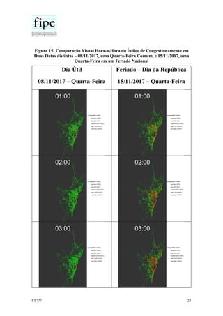 CI ??? 23
Figura 15: Comparação Visual Hora-a-Hora do Índice de Congestionamento em
Duas Datas distintas – 08/11/2017, uma Quarta-Feira Comum, e 15/11/2017, uma
Quarta-Feira em um Feriado Nacional
Dia Útil
08/11/2017 – Quarta-Feira
Feriado – Dia da República
15/11/2017 – Quarta-Feira
 
