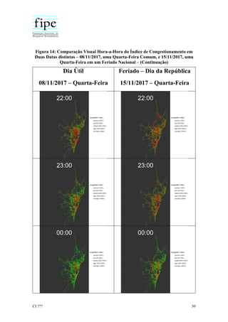 CI ??? 30
Figura 14: Comparação Visual Hora-a-Hora do Índice de Congestionamento em
Duas Datas distintas – 08/11/2017, uma Quarta-Feira Comum, e 15/11/2017, uma
Quarta-Feira em um Feriado Nacional – (Continuação)
Dia Útil
08/11/2017 – Quarta-Feira
Feriado – Dia da República
15/11/2017 – Quarta-Feira
 
