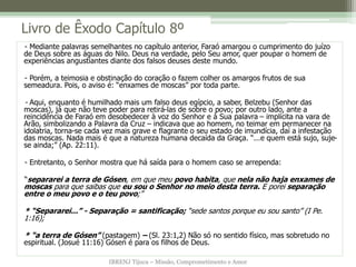 IBRENJ Tijuca – Missão, Comprometimento e Amor
Livro de Êxodo Capítulo 8º
- Mediante palavras semelhantes no capítulo anterior, Faraó amargou o cumprimento do juízo
de Deus sobre as águas do Nilo. Deus na verdade, pelo Seu amor, quer poupar o homem de
experiências angustiantes diante dos falsos deuses deste mundo.
- Porém, a teimosia e obstinação do coração o fazem colher os amargos frutos de sua
semeadura. Pois, o aviso é: “enxames de moscas” por toda parte.
- Aqui, enquanto é humilhado mais um falso deus egípcio, a saber, Belzebu (Senhor das
moscas), já que não teve poder para retirá-las de sobre o povo; por outro lado, ante a
reincidência de Faraó em desobedecer à voz do Senhor e à Sua palavra – implícita na vara de
Arão, simbolizando a Palavra da Cruz – indicava que ao homem, no teimar em permanecer na
idolatria, torna-se cada vez mais grave e flagrante o seu estado de imundícia, daí a infestação
das moscas. Nada mais é que a natureza humana decaída da Graça. “...e quem está sujo, suje-
se ainda;” (Ap. 22:11).
- Entretanto, o Senhor mostra que há saída para o homem caso se arrependa:
“separarei a terra de Gósen, em que meu povo habita, que nela não haja enxames de
moscas para que saibas que eu sou o Senhor no meio desta terra. E porei separação
entre o meu povo e o teu povo;”
* “Separarei...” - Separação = santificação; “sede santos porque eu sou santo” (I Pe.
1:16);
* “a terra de Gósen” (pastagem) – (Sl. 23:1,2) Não só no sentido físico, mas sobretudo no
espiritual. (Josué 11:16) Gósen é para os filhos de Deus.
 