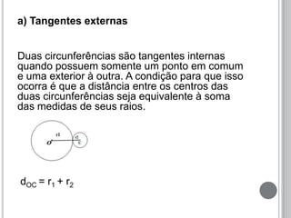 a) Tangentes externas
Duas circunferências são tangentes internas
quando possuem somente um ponto em comum
e uma exterior à outra. A condição para que isso
ocorra é que a distância entre os centros das
duas circunferências seja equivalente à soma
das medidas de seus raios.
dOC = r1 + r2
 