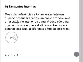 b) Tangentes internas
Duas circunferências são tangentes internas
quando possuem apenas um ponto em comum e
uma esteja no interior da outra. A condição para
que isso ocorra é que a distância entre os dois
centros seja igual à diferença entre os dois raios.
dOC = r1 - r2
 