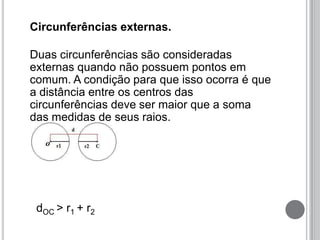 Circunferências externas.
Duas circunferências são consideradas
externas quando não possuem pontos em
comum. A condição para que isso ocorra é que
a distância entre os centros das
circunferências deve ser maior que a soma
das medidas de seus raios.
dOC > r1 + r2
 